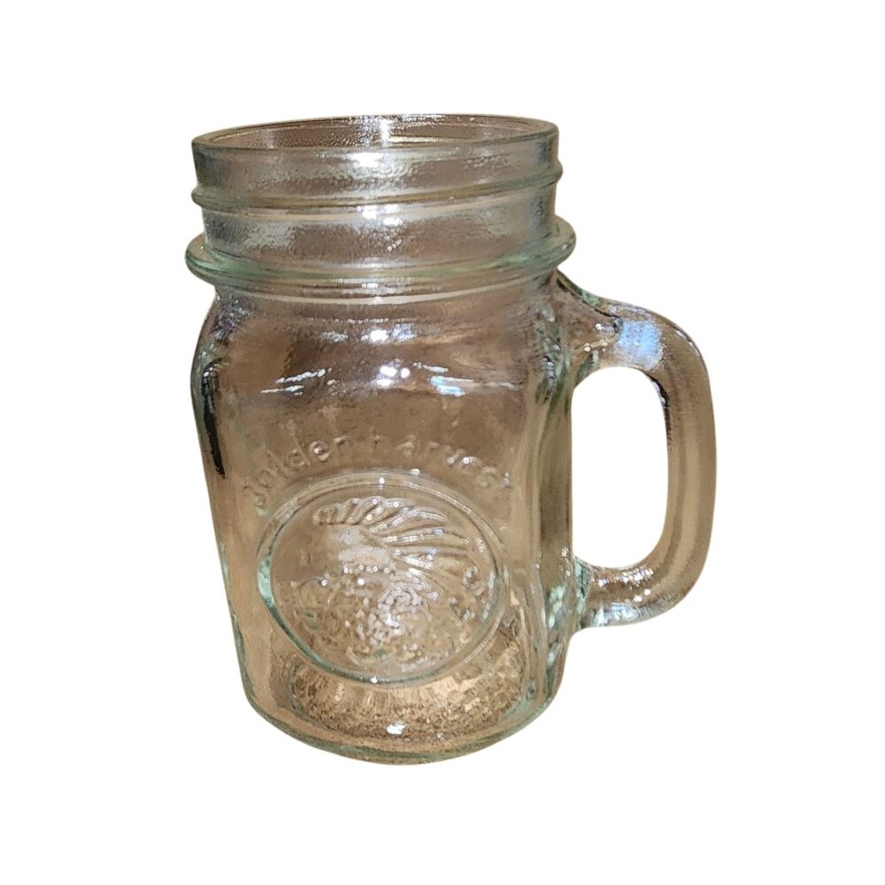 Vintage Golden Harvest Mason Jar Drinking Glass with Handle Clear Mug Cup